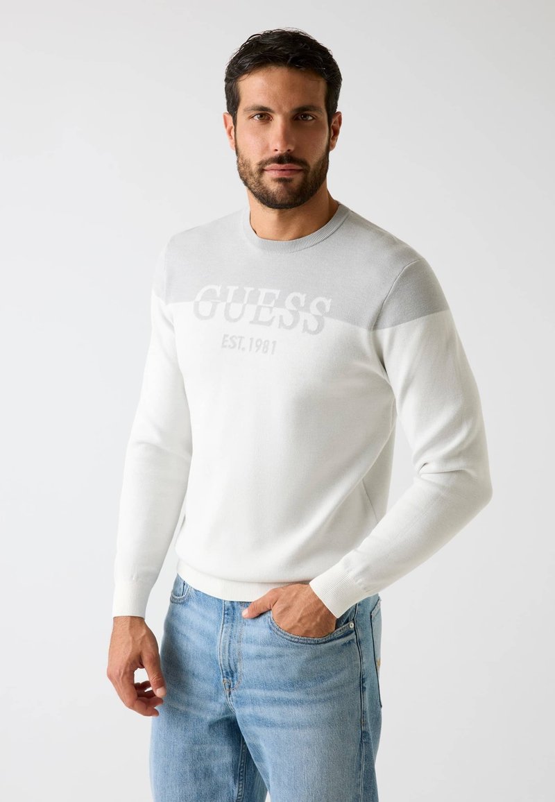 Maglione bianco lavorato a maglia con pannello superiore grigio chiaro, scollo rotondo e sottile logo centrale 'GUESS EST. 1981'. Abbinato a jeans blu.