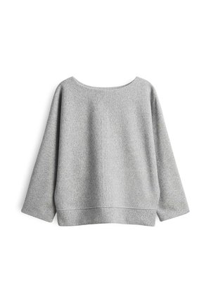 Grijze, gestructureerde trui met een brede halslijn en driekwartmouwen. Heeft een losse, relaxte pasvorm en een rechte zoom.