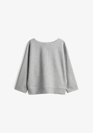 Maglione grigio, con texture, dal collo ampio e maniche a tre quarti. Presenta una vestibilità morbida e rilassata e un orlo dritto.