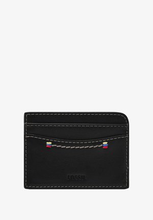 Porte-cartes en cuir noir avec quatre fentes, doté de coutures contrastantes et d'un petit motif brodé coloré. Finition texturée avec logo visible.