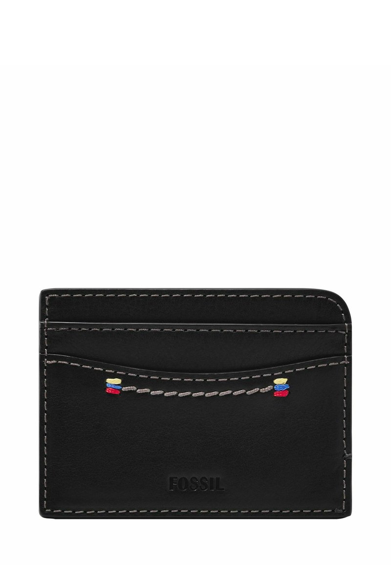 Porte-cartes en cuir noir avec quatre fentes, doté de coutures contrastantes et d'un petit motif brodé coloré. Finition texturée avec logo visible.