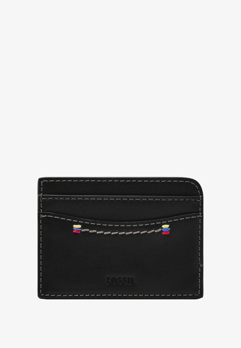 Porte-cartes en cuir noir avec quatre fentes, doté de coutures contrastantes et d'un petit motif brodé coloré. Finition texturée avec logo visible.