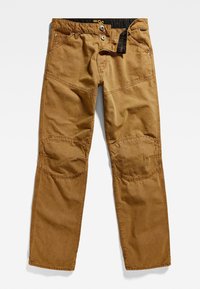 Beige arbetsbyxor med rak bendesign, tillverkade av slitstark bomullstyg. Har förstärkta knän och dubbelsydda detaljer. Två framfickor.