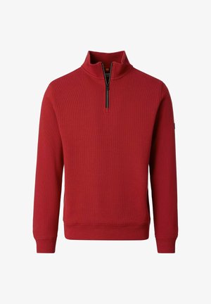 Roter Pullover mit langen Ärmeln, Viertelreißverschluss am Kragen und gerippten Bündchen sowie Saum, auf weißem Hintergrund dargestellt.
