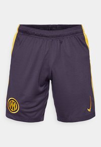 Heren shorts in donkerpaarse stof met gele zijkanten. Bevat een circulair logo en de Nike swoosh. Gemaakt van ademend materiaal.