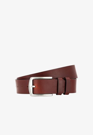 Brown leather belt with silver rectangular buckle, rolled coil shape, and two belt loops.