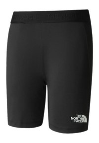 Czarne szorty sportowe z płaskim pasem, z wytłoczonym logo. Materiał wydaje się gładki i elastyczny, z białym detalem logo.