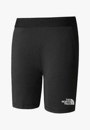 Mustat urheilushortsit, joissa on litteä vyötärönauha ja kohokuviotettu brändi. Kangas näyttää sileältä ja joustavalta, ja siinä on valkoinen logon yksityiskohta.