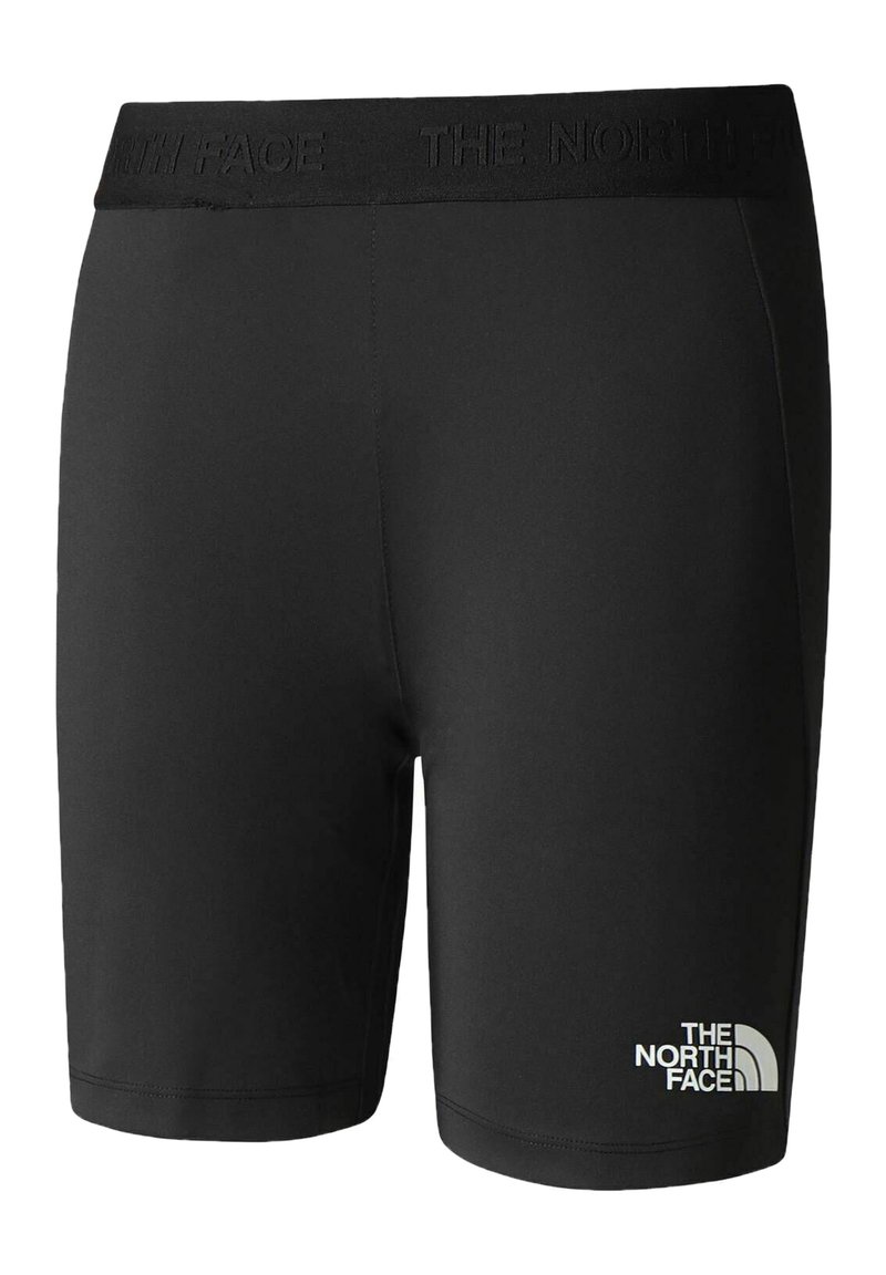 Czarne szorty sportowe z płaskim pasem, z wytłoczonym logo. Materiał wydaje się gładki i elastyczny, z białym detalem logo.