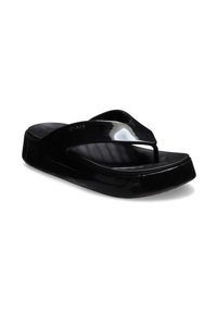 Schwarze Flip-Flop-Sandale mit glänzendem Lackfinish, dickem Plateau und V-förmigem Riemen-Design. Texturiertes Fußbett für Komfort.