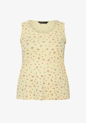 Hihaton vaaleankeltainen toppi, jossa on pieniä vaaleanpunaisia ruusukuvioita tasaisesti kangasta peittämässä, ja pyöreä pääntie.