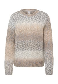 Gestrickter Pullover mit Rundhalsausschnitt, langen Ärmeln und einem Farbverlauf von Creme, Beige und Grau mit strukturierter Oberfläche.