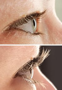 Närbild av två mänskliga ögon med distinkta ögonfransar; det övre ögat har längre, böjda fransar, medan det undre har kortare, raka fransar.