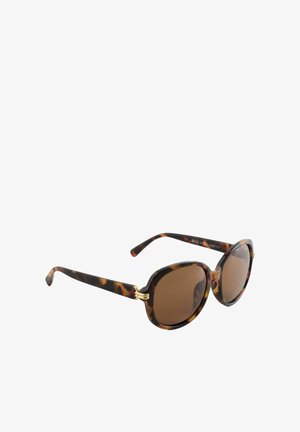 Okulary przeciwsłoneczne w oprawie typu żółw, z okrągłymi szkłami, brązowymi soczewkami oraz złotymi ozdobami na zausznikach. Błyszczące wykończenie.