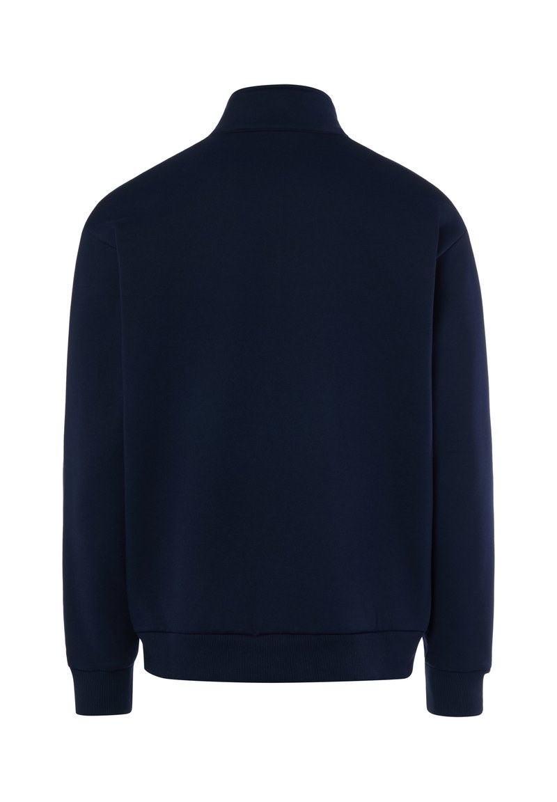 Felpa blu navy a maniche lunghe con polsini e orlo a costine, vista da dietro su sfondo bianco.