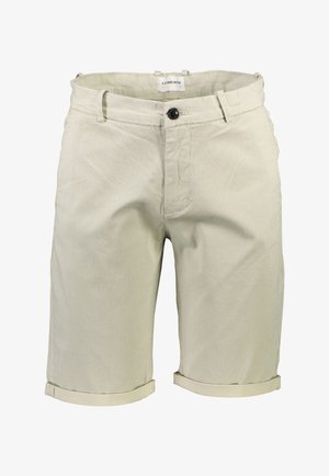 Jasno beżowe szorty w kratę wykonane z teksturowanej tkaniny, z zapięciem na guziki, szlufkami na pasek i podwiniętym wykończeniem. Etykieta marki widoczna wewnątrz pasa.