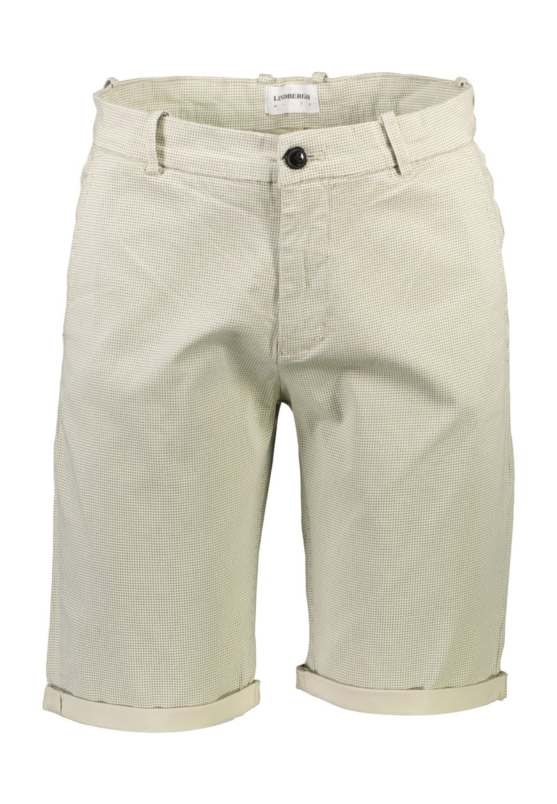 Licht beige geruite shorts gemaakt van textuurstof met een knoopsluiting, riemlussen en opgerolde zoom. Merklabel zichtbaar in de tailleband.