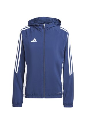 Navyblaues Zip-Jacke mit weißen Akzenten, mit Kapuze, drei weißen Streifen an den Ärmeln und elastischen Bündchen. Leichtes Material, sportliches Design.