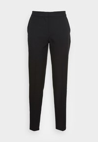 Pantalons noirs ajustés avec une texture lisse, coupe droite et taille mi-haute. Comprend des poches avant et une finition soignée.