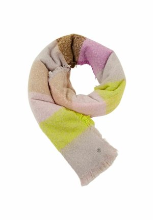 Zachte geweven sjaal met brede strepen in beige, bruin, roze, paars en limoengroen, met rafelende randen en een klein rond metalen label.