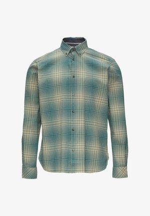 Camicia button-up leggermente strutturata in cotone, con un motivo a griglia blu e crema, colletto standard e maniche lunghe.
