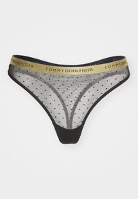 Černý thong z průhledné síťoviny, s tečkovaným vzorem a zlatým elastickým páskem s logem "TOMMY HILFIGER".