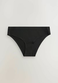 Must värvi puuvillased hipster-aluspesu sujuva tekstuuriga, laia vöökoha ja nähtamatute õmblusteta, mõeldud mugavuseks ja minimaalseks katteks.