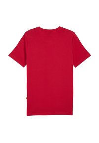 Rød kortærmet t-shirt set fra ryggen, med rund halsudskæring og et simpelt, udekoreret design.