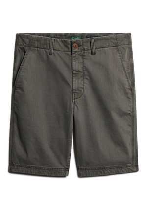 Herren graue Baumwollshorts mit einem Frontknopfverschluss, Taschen und dezenten Stickdetails. Gerade Passform mit einem lässigen Design.