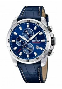 Reloj cronógrafo Festina con un dial azul, bisel de tono plateado y caja de acero inoxidable. Presenta una correa de cuero azul con costuras de acento.