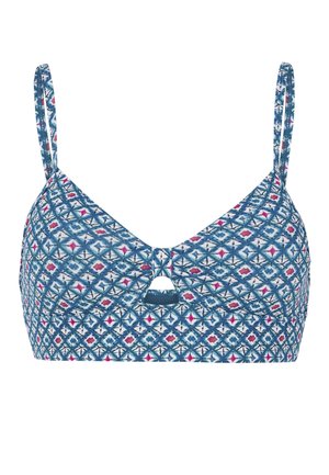 Mėlynas raštuotas braletė su geometriniais baltos, rožinės ir tamsiai mėlynos spalvų raštais. Turi reguliuojamus petnešas ir rakto skylutės detalę centre priekyje.