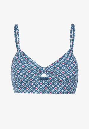 Mėlynas raštuotas braletė su geometriniais baltos, rožinės ir tamsiai mėlynos spalvų raštais. Turi reguliuojamus petnešas ir rakto skylutės detalę centre priekyje.