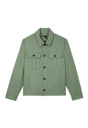 Grüne Baumwolljacke mit Kragen, Knopfleiste, zwei Klappentaschen und Seitentaschen. Strukturierter, mittelgewichtiger Stoff.