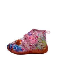 Stivali alla caviglia rosa in materiale lucido, con una fibbia glitterata, stampe di personaggi colorati e una suola traslucida e testurizzata.