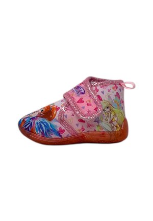 Stivali alla caviglia rosa in materiale lucido, con una fibbia glitterata, stampe di personaggi colorati e una suola traslucida e testurizzata.
