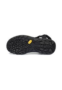 Černá podrážka obuvi s texturovaným vzorem. Obsahuje výrazné žluté logo "Vibram" a hluboké drážky pro trakci.