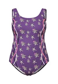 Lila Einteiler-Badeanzug mit pinkem, schwarzem und weißem Seestern-Muster sowie gekrümmten seitlichen Streifen in Pink, Weiß und Schwarz.