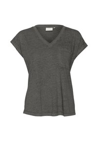 T-shirt gris en V fabriqué dans un tissu doux, doté d'une poche sur le côté gauche et de manches courtes ; coupe décontractée avec un ourlet légèrement irrégulier.