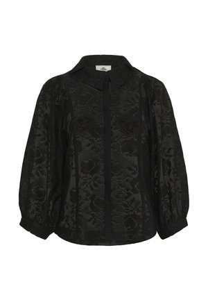 Black patterned blouse with a collar, long sleeves, and gathered cuffs. Textured fabric with a floral design, featuring a button-down front.