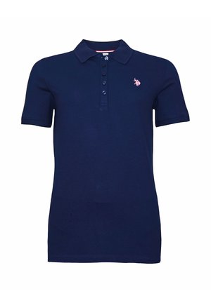 Polo bleu marine à manches courtes avec patte de boutonnage et petit logo rose brodé sur la poitrine gauche.