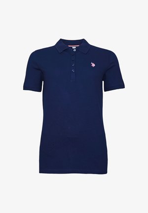 Tengerészkék rövid ujjú galléros póló gombos elülső résszel és kis rózsaszín hímzett logóval a bal mellkason.