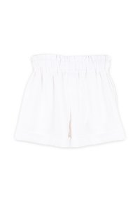 Pantaloni corti bianchi in misto lino con vita elastica, dotati di pieghe, vestibilità ampia e tasche laterali. Apertura dell'orlo a gamba svasata.