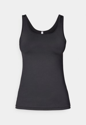 Débardeur noir en tissu lisse avec un col en U, des bretelles larges et une coupe ajustée. L'ourlet est légèrement arrondi.