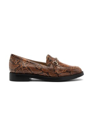 Brown leather loafers with a textured snake pattern, featuring a small decorative buckle and a black rubber sole.