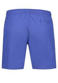 Pantaloni da mare blu con vita elastica, tasca posteriore singola e superficie liscia. Nessun logo o motivo visibile. Design semplice.