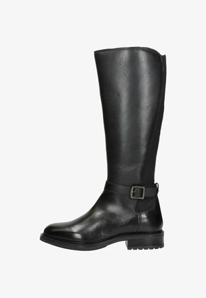Schwarze kniehohe Lederstiefel mit glatter Textur, runder Zehenform und einem seitlichen Schnallenakzent. Robuste Gummisohle mit leichtem Absatz.