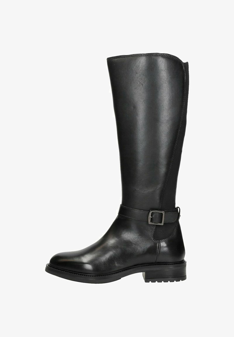 Bottine noire en cuir hauteur genou avec une texture lisse, bout rond et une boucle latérale. Semelle en caoutchouc robuste avec un léger talon.