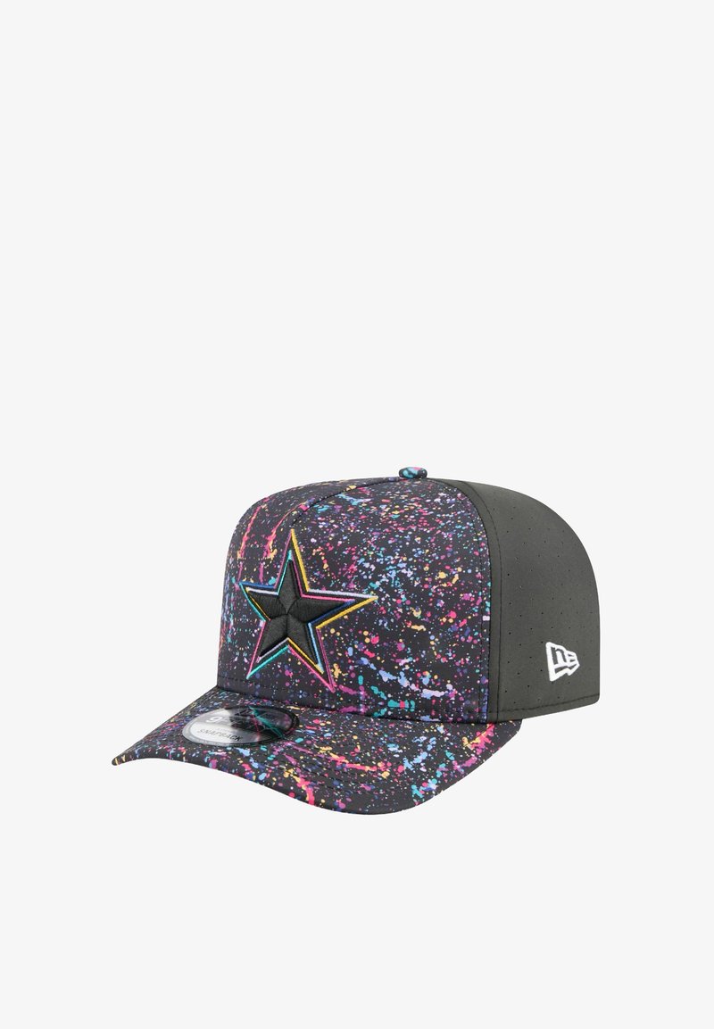 Black cap with a colorful splatter pattern, featuring a raised black star logo on the front and a flat brim with a textured finish.