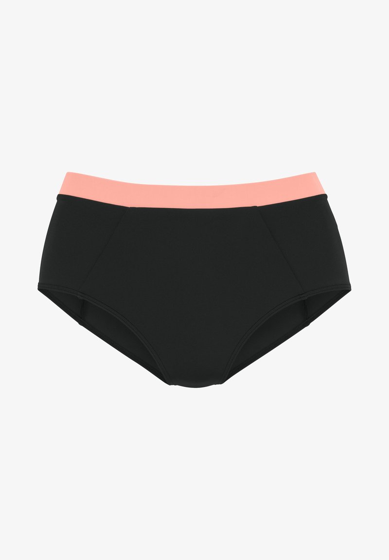 Bas de maillot de bain noir avec une ceinture rose, fabriqué en tissu extensible. Présente un design taille haute et une forme épurée avec des panneaux latéraux.