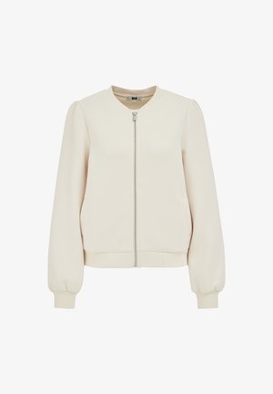 Light cream zip-up jacket with a round neckline, long puffy sleeves, and side pockets. Made from soft fabric with a smooth texture.